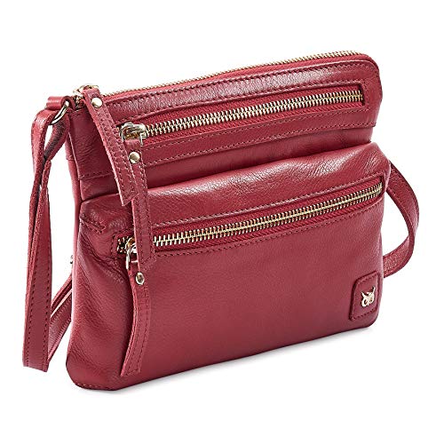 Small Leather Crossbody Bag for Women Adjustable Sling Purse Multi Pocket - color: Red Nappa