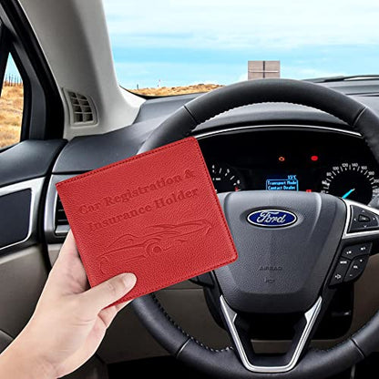 Car Registration and Insurance Holder, Premium PU Leather Vehicle Glove Box Car Organizer Men Women Wallet Accessories Case for ID, Driver's License - Red - color: Red