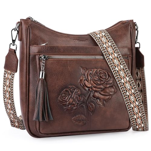 Medium Crossbody Bags for Women,Vegan Leather Hobo Purses Embossed | Women's Shoulder Handbags with Adjustable Boho Strap for Daily Travel Lightweight Cross body Purses with Multi Pockets - color: 03-coffee