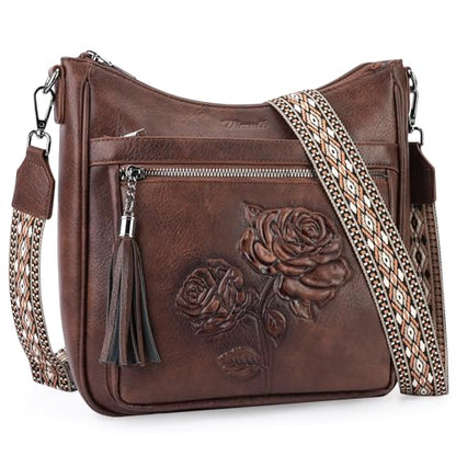 Medium Crossbody Bags for Women,Vegan Leather Hobo Purses Embossed | Women's Shoulder Handbags with Adjustable Boho Strap for Daily Travel Lightweight Cross body Purses with Multi Pockets - color: 03-coffee