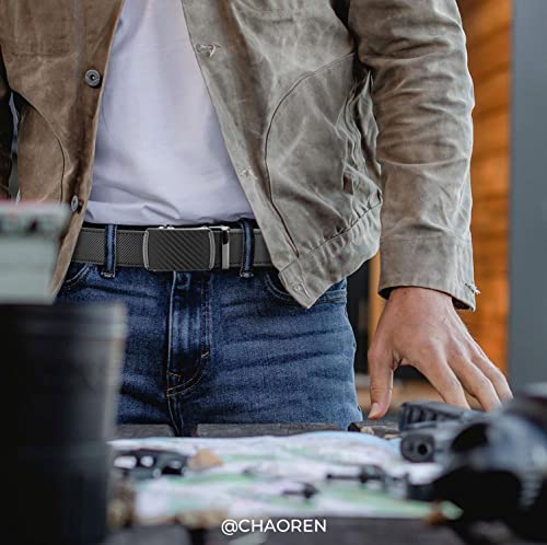 CHAOREN Men's Leather Ratchet Belt - Customizable Fit (35mm) | Smooth Sliding, Precise Micro‑Adjust, Trim to Fit, Dress & Casual Wear, Gift Box - color: Carbon Fiber / Black, size: 42" to 48" Waist Adjustable