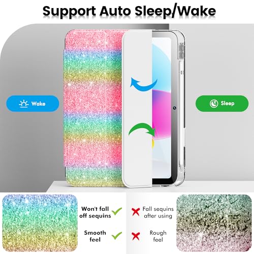 INFILAND Glitter Case for iPad A16 11th/10th Generation 11/10.9 Inch | 2025/2022 Sparkly Clear Cute Protective Cover Back with Pencil Holder For Kids Girls Rainbow - color: Rainbow