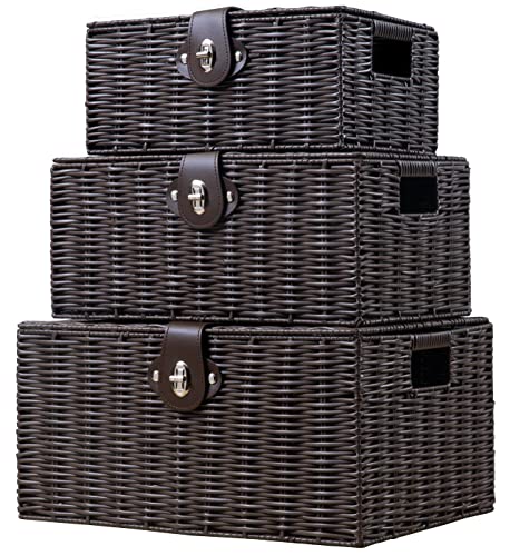 Set of 3 Woven Wicker Storage Basket Box with Lids & Lock, Built-in Carry Handles, Multifunctional Storage Organizer for Nursery, Baby, Clothes, Toys, Books, Large/Medium/Small Size (Brown) - color: Brown