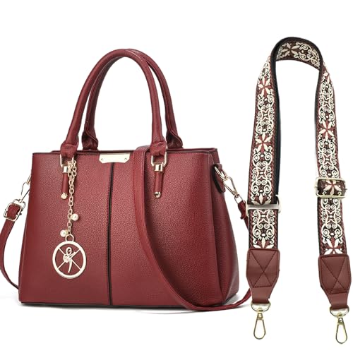 Purse and Handbags for Women, 3 Zip Compartments Tote Bag Designer Shoulder Purse Top Handle Satchel Bags - color: A1-burgundy Purse With 2 Purse Strap