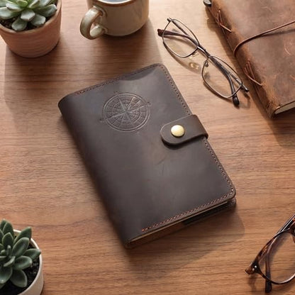 Eaasty Genuine Leather Journal Cover for 3.5 x 5.5 Inches Notebooks Compass Leather Notebook Back to School Slot/refillable Travel Pocket Notebook Handmade with Pen Holder for Travel Office Writing
