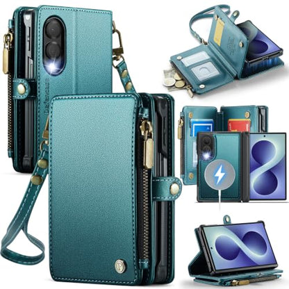 Defencase for Galaxy Z Fold 8 Case Wallet Compatible with Magsafe, Green | Magnetic Detachable, RFID Bolcking Card Holder, Zipper, PU Leather, Drop-Proof Phone Cases Cover for Samsung Galaxy Z Fold 8 - color: (Detachable with Magsafe)-Blue Green