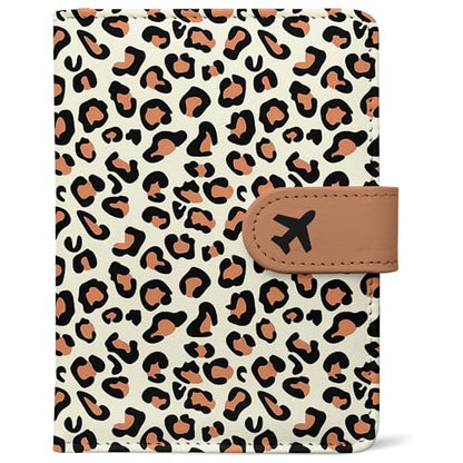 Passport Holder, Cute Travel Wallet Cover with RFID Blocking,Leopard | PU leather travel wallet with magnetic closure, card slots, pen loop, and easy access for passports and essentials. - color: J-Leopard
