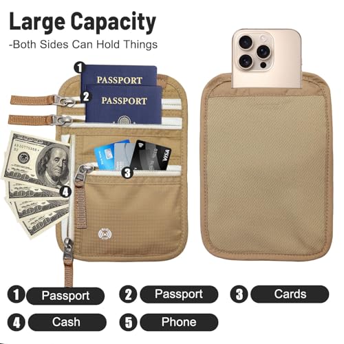 Sizobi Neck Wallet for Traveling Women Men, RFID Blocking Passport Holder - color: Khaki