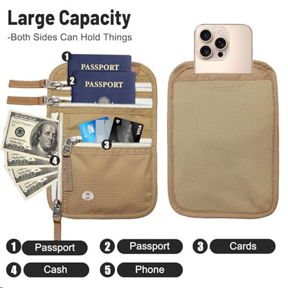 Sizobi Neck Wallet for Traveling Women Men, RFID Blocking Passport Holder - color: Khaki