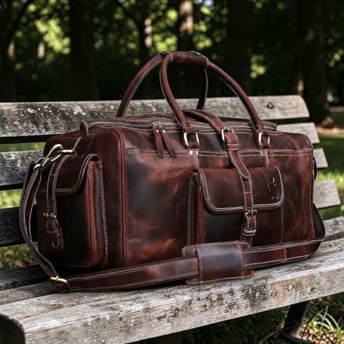 Leather Duffle Bags for Men - 28 Inch Full Grain Leather travel bag, leather overnight bag, Mens Leather Bag, Carry On Leather Weekender Bag, Airplane Leather Luggage Duffel Gym Bag - size: 28 Inches