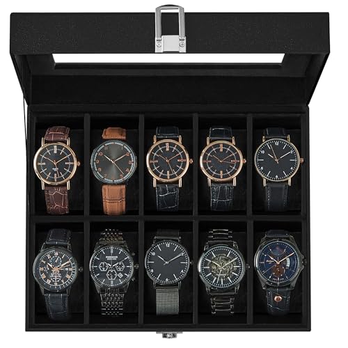 SONGMICS Watch Box, 10-Slot Watch Case with Large Glass Lid | Removable Pillows, Black PU Leather, Black Lining, Gift for Loved Ones, BRIDIE Collection UJWB010B02 - color: Black + Black, size: 10 Slot