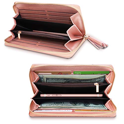 Coco Rossi Pink Glitter Wallet for Women RFID Blocking Credit Card Holder | PU Leather, Zipper Around, Multi Card Case, Clutch with Tassel Wristlet Wrist Strap, Gifts for Girls Ladies - color: A Pink Glitter