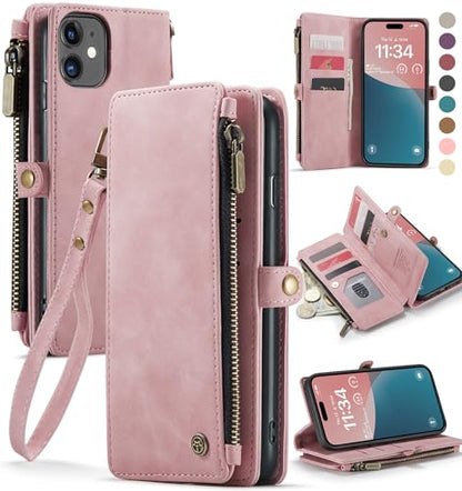 Defencase for iPhone 11 Wallet Case with RFID Blocking Card Holder, Pink | Durable Soft PU Leather, with Zipper Pocket, Wrist Strap, Fashion Snap Flip Phone Cases Cover with Stand for Women and Men - color: Rose Pink