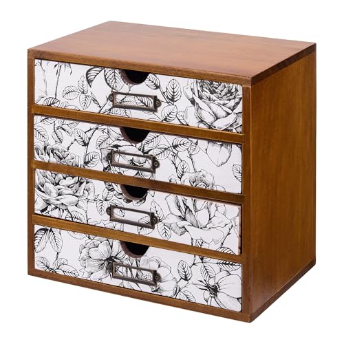 Vintage Desk Organizer with 4 Black & White Floral Drawers - Wooden Storage Shelf Drawer for Tabletop - Wood Desktop Organizing Box Cabinet - Black & White Monochrome Botanical Toile de Jouy - color: Black and White Monochrome Rose