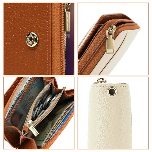 GOIACII Small Wallet for Women RFID Blocking Credit Card Holder Ladies Compact Purse Zip Around Wristlet Vegan Leather White and Brown - color: C04 White & Brown
