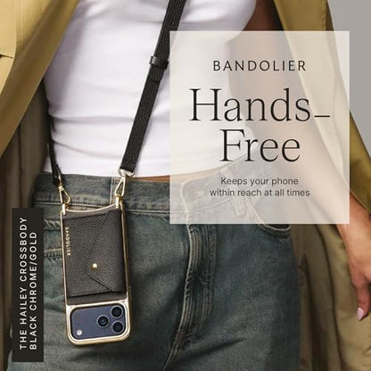Bandolier Hailey Chrome Crossbody Wallet Phone Case for iPhone 15 Pro. 100% Genuine Pebble Leather with Gold Hardware. Adjustable & Removable Strap. Expandable Flip Card Holder. Black with Gold - color: Black/Gold Chrome, size: iPhone 15 Pro