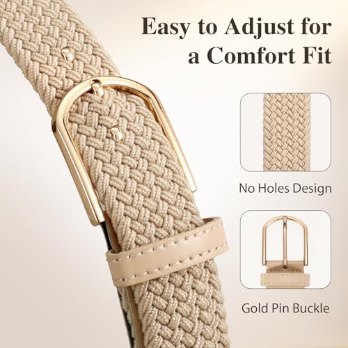 Women Braided Stretch Belts Elastic Canvas Woven Belts For Jeans Pants - color: A-khaki-gold Buckle, size: S: Fit Waist 29-33 Inches