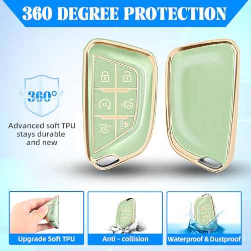 QBUC for Cadillac Key Fob Cover with Leather Keychain (Gold Trim Green) | Soft TPU Protection Case Compatible with 2020-2026 Cadillac Escalade Lyriq Optiq 6-Buttons - color: Gold/Green, size: 6-Buttons