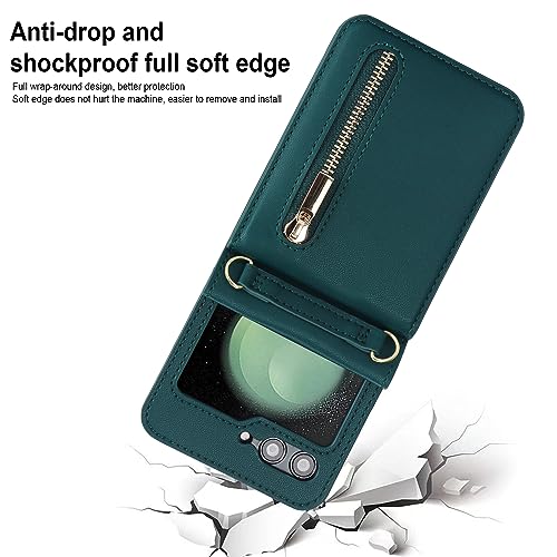 for Samsung Galaxy Z Flip 6 Luxury Zipper Wallet Phone Case, Multi-Function Kickstand Card Holder Adjustable Crossbody Strap, Fashion Flip Case.(Green) - color: Green, size: Samsung Galaxy Z Flip 6