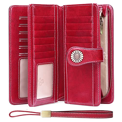 SENDEFN Womens Wallet RFID Blocking Card Holder Large Leather Wristlet - color: 1-Wax-Red-1
