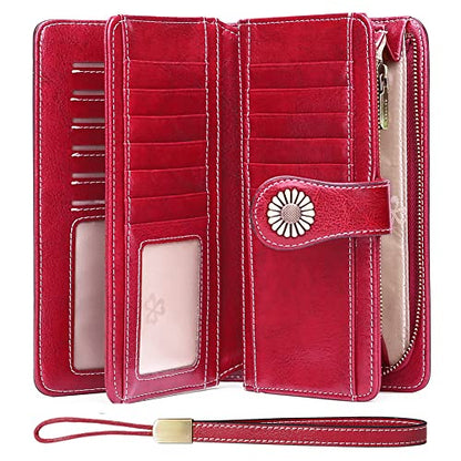SENDEFN Womens Wallet RFID Blocking Card Holder Large Leather Wristlet - color: 1-Wax-Red-1