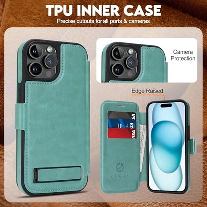 for iPhone 13 Pro Wallet Case with Stand,PU Leather Flip Credit Card Holder Slots (RFID Blocking),Compatible with Magsafe Magnetic Holder Phone Cover Women Men,Green - color: Green, size: iPhone 13 Pro 6.1"