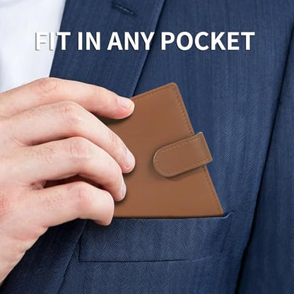 Men's Genuine Cowhide Leather Trifold Wallet with RFID Blocking, Snap Button, 10 Card Slots, Coin Pocket, ID Window (Brown) - color: Brown
