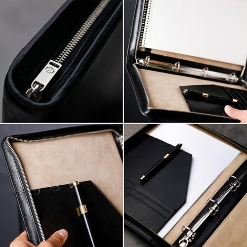 Time Resistance Leather Portfolio – Document Bag with Carry Handle – Tablet Size Case Made in Italy - color: Black