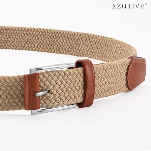 XZQTIVE Braided Stretch Belt Mens Gift Elastic Woven Belt for Golf Casual Pants Shirts Jeans - color: Khaki With Brown Leather, size: Fit Waist 33-38in