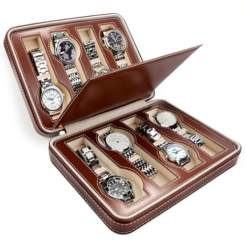 8 Slot Watch Box Faux Leather Storage Valet Premium Watch Storage Display Case for Men (Brown) - color: Brown