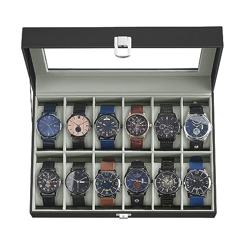 SONGMICS Watch Box, 12-Slot Watch Case Organizer with Large Glass Lid, Removable Pillows, Gift for Loved Ones, Black Synthetic Leather, Gray Lining UJWB12BK | Removable Pillows, Black Synthetic Leather, Gray Lining, Gift for Loved Ones, BRIDIE Collection