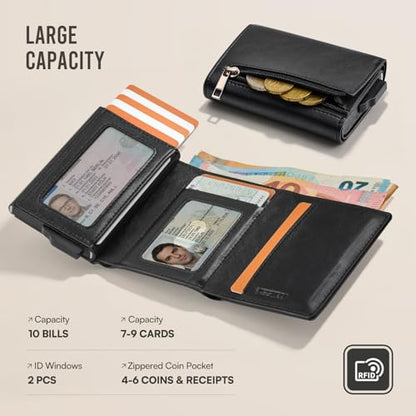 YESIIW RFID Blocking Wallet for Men — Trifold Pop Up Card Holder Holds 8–11 Cards & 10 Bills, Premium Leather Slim Wallet with Magnetic Closure & Zippered Coin Pocket | Birthday Gift for Men - color: A01-Black