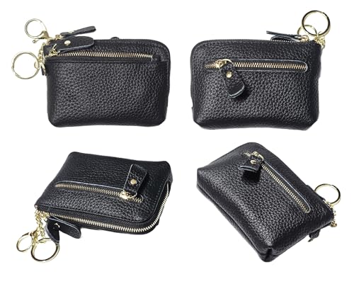 Women Genuine Real Leather Coin Purse with Hand Strap. 3 Zipper Small Wallet Wristlet with 3 credit cards slots Holder - Black - color: #01 Black