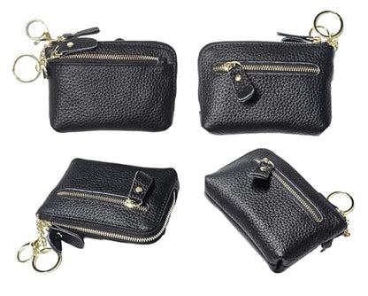 Women Genuine Real Leather Coin Purse with Hand Strap. 3 Zipper Small Wallet Wristlet with 3 credit cards slots Holder - Black - color: #01 Black