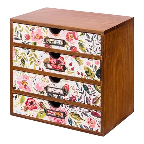 4-Drawer Vintage Desk Wood Storage Box With Drawers in Floral Chintz - Wooden Table Organizer I End Clutter & Dullness, Personalize Your Workspace - Beautiful Flower Design for Office & Home - color: Vibrant Botanical Flower on White