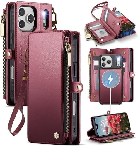 Defencase for iPhone 17 Pro Case Wallet Compatible with Magsafe, Wine Red | Drop-Proof Magnetic Detachable Phone Cases Cover, with RFID Bolcking Card Holder, Zipper Strap, PU Leather, Removable Wallet - color: (Detachable with Magsafe)-Wine Red