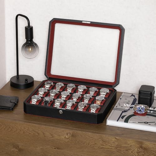ROTHWELL 18-Slot Watch Case – Luxury Watch Box for Men, Real Glass Top, Lockable, Elegant Display for Collections (Black/Red) - color: 18 Slot -Black / Red