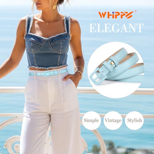 WHIPPY Women Skinny Leather Belt Thin Waist Jeans Belt for Pants in Pin Buckle Belt - color: Blue, size: Suit Pants 30"-36"