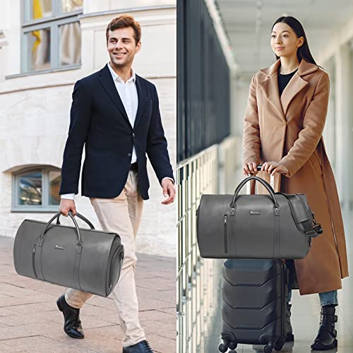 Garment Bags for Travel, 45L Carry-On Convertible Duffle with Strap | 2-in-1 hanging suit bag converts to duffel, shoe compartment, waterproof PU leather, wrinkle-free, detachable strap - color: C-Grey
