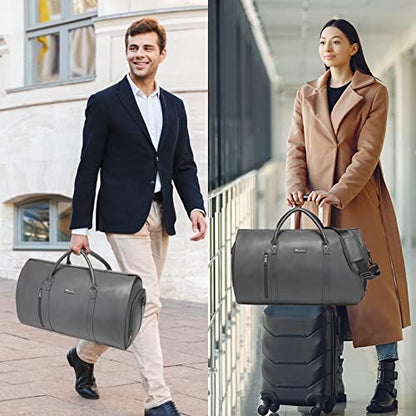 Garment Bags for Travel, 45L Carry-On Convertible Duffle with Strap | 2-in-1 hanging suit bag converts to duffel, shoe compartment, waterproof PU leather, wrinkle-free, detachable strap - color: C-Grey