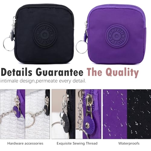 Coin Purse Change Pouch for Women 2 Layers Zipper Oxford Cloth Waterproof Purse (Black+Purple) - color: Black+Purple