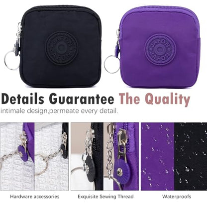 Coin Purse Change Pouch for Women 2 Layers Zipper Oxford Cloth Waterproof Purse (Black+Purple) - color: Black+Purple