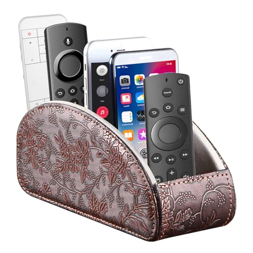 All-in-One TV Remote Holder/Caddy for Remote Conrtols with 5 Compartments | Pu Leather Nightstand Desktop Storage Box/Organizer/Store for Blu-Ray,Media Player,Heater Controllers,Makeup Office Supplies - color: Antique Flower, size: Large