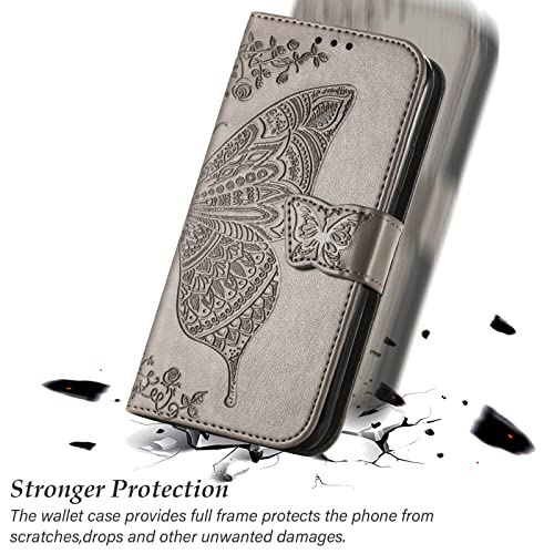 for Samsung Galaxy A17 5G Phone Case Wallet,Gray | Butterfly Embossed PU Leather, Credit Card Holders, Wrist Strap, Magnetic Closure, Flip Protective Purse Cover for Women Men - color: Gray