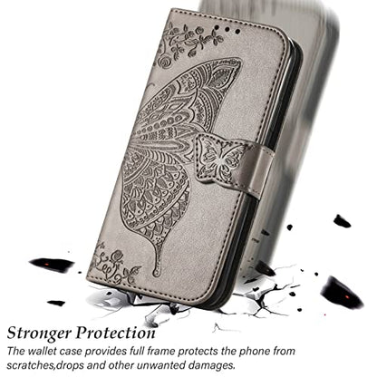 for Samsung Galaxy A17 5G Phone Case Wallet,Gray | Butterfly Embossed PU Leather, Credit Card Holders, Wrist Strap, Magnetic Closure, Flip Protective Purse Cover for Women Men - color: Gray