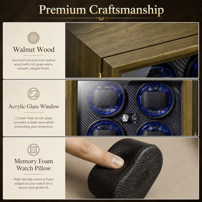 Watch Winder for Automatic Watches, Walnut 6 Slots Winding Watch Box with Japanese Blue LED & Quiet Motor for Rolex and Auto Watches, Wooden Rotating Watch Case Used for Display, Storage & Gift - size: 6 slots