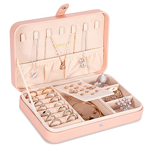 LANDICI Small Jewelry Box for Women Girls, PU Leather Travel Jewelry Case, Portable Jewelry Organizer Storage Holder Display for Ring Earrings Necklace Bracelet Bangle Men Kids Gift, Pink - color: Pink