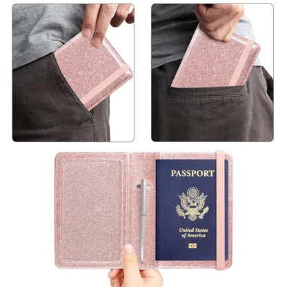 ACdream Unisex Faux Leather Passport and Vaccine Card Holder, Glitter Rose, RFID Blocking, Protects Valuable Information - color: *Glitter Rose, style: Passport Holder - Elastic Band Closure
