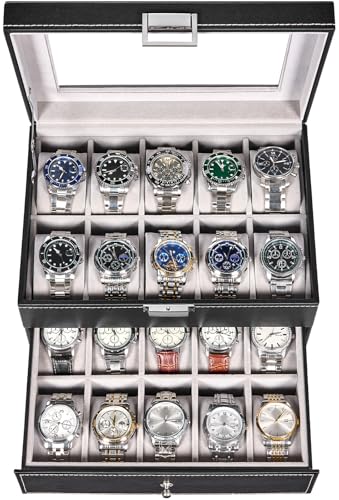 BEWISHOME Watch Case, 20-Slot Watch Box Organizer with Large Glass Lid | Watch Cases for Men with Removable Watch Pillows, Synthetic Leather, Watch Storage Box, Watch Display Case, Black SSH04B - color: Black+Gray