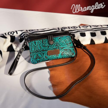 Wrangler Western Cowhide Crossbody Bags for Women Clutch Wristlet Purse - color: Tooling-black